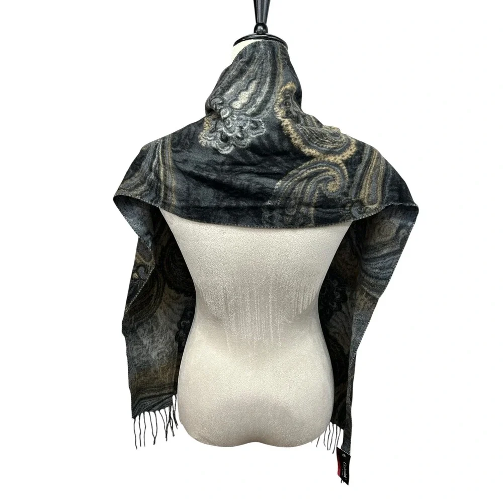 Fraas Cashmink Paisley Fringe Scarf Wrap Shawl Black Gray‎ NWT Soft Winter